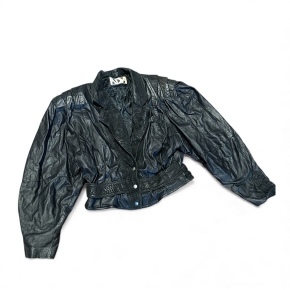 Vintage 80s Black Leather Cropped Jacket Puff Sleeve Snake Embossed Rockabilly - Picture 1 of 6